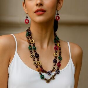 ARTISAN | Multicolor Boho Bohemian Wooden Circle & Round Beaded Necklace